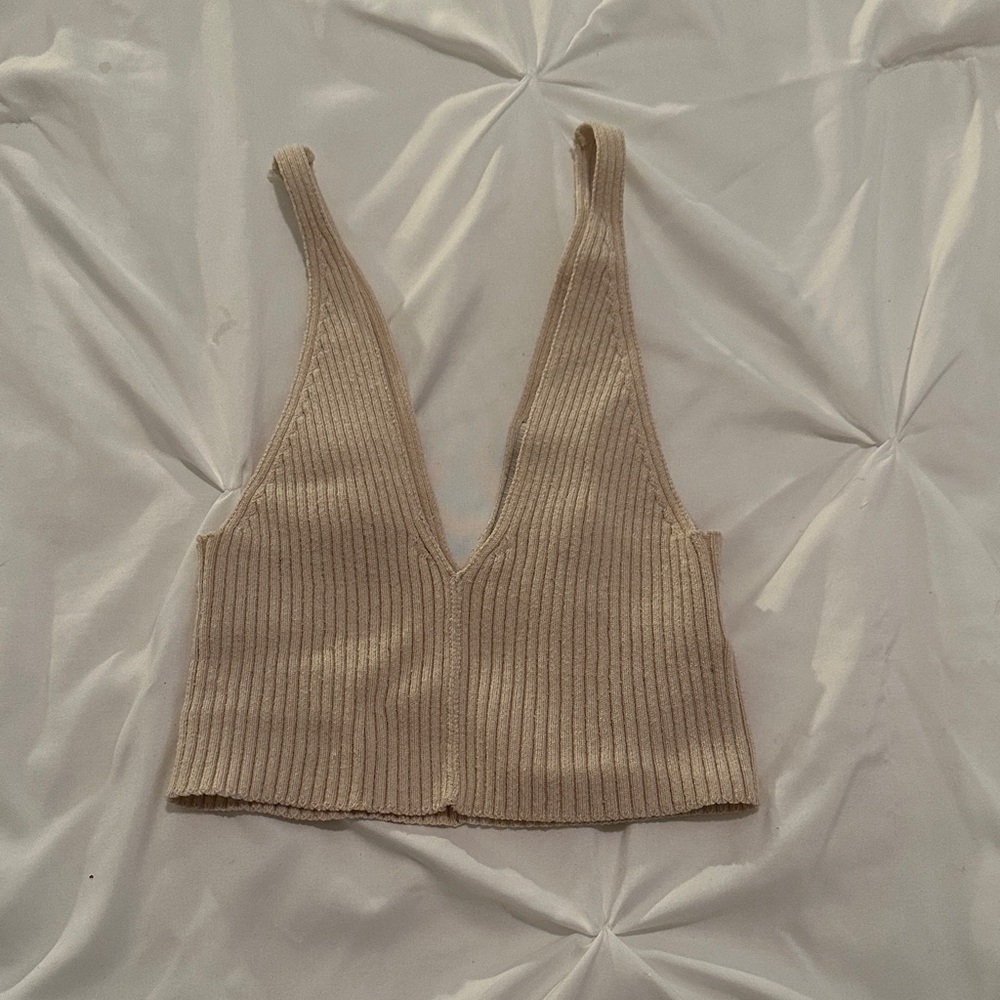 Urban Outfitters Tan Ribbed V-Neck Crop Top